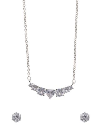 Silver-Tone Cubic Zirconia Heart Necklace and Stud Earrings Set