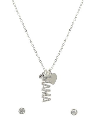 Silver-Tone "MAMA" Cubic Zirconia Pendant Necklace and Stud Earrings Set