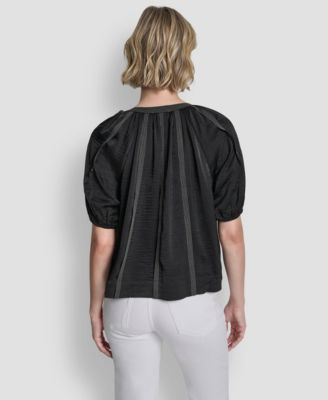 Women's Puff-Sleeve Top Stitch Tie Front Blouse