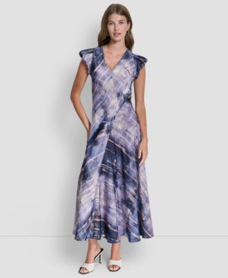 DKNY - Women's Puff-Sleeve Printed Satin Bias Cut Dress
