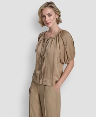 Women's Puff-Sleeve Top Stitch Tie Front Blouse