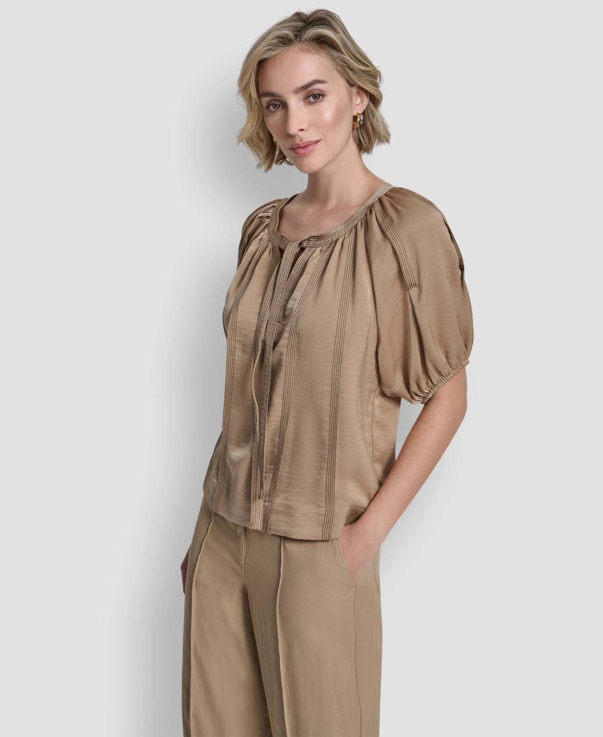 Dkny Women's Puff-sleeve Top Stitch Tie Front Blouse In Brown