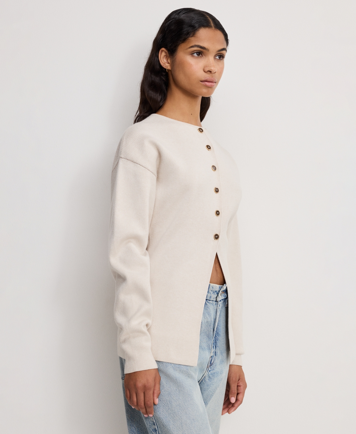 Good American Split Front Button Up Sweater In Neutral