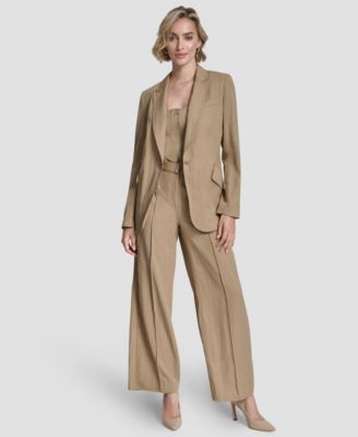 Women's Long-Sleeve Blazer, Belted Front Seam Twill Pants, and Sleeveless Zipper Corset Top
