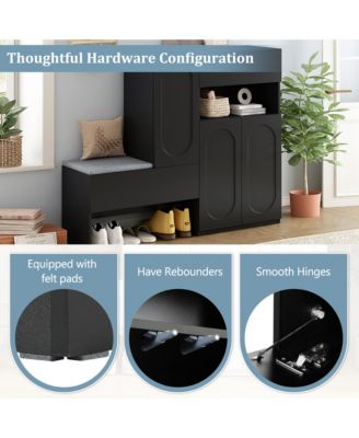 Shoe Storage Bench with Cushion Seat, Doors, and Shelves