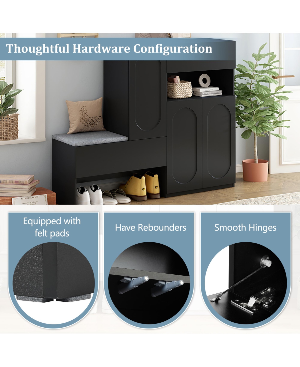 Slickblue Shoe Storage Bench with Cushion Seat, Doors, and Shelves