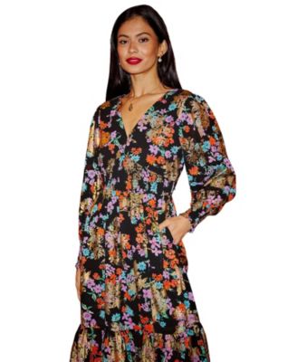 Women's Floral And Foil Ruched Midi Dress