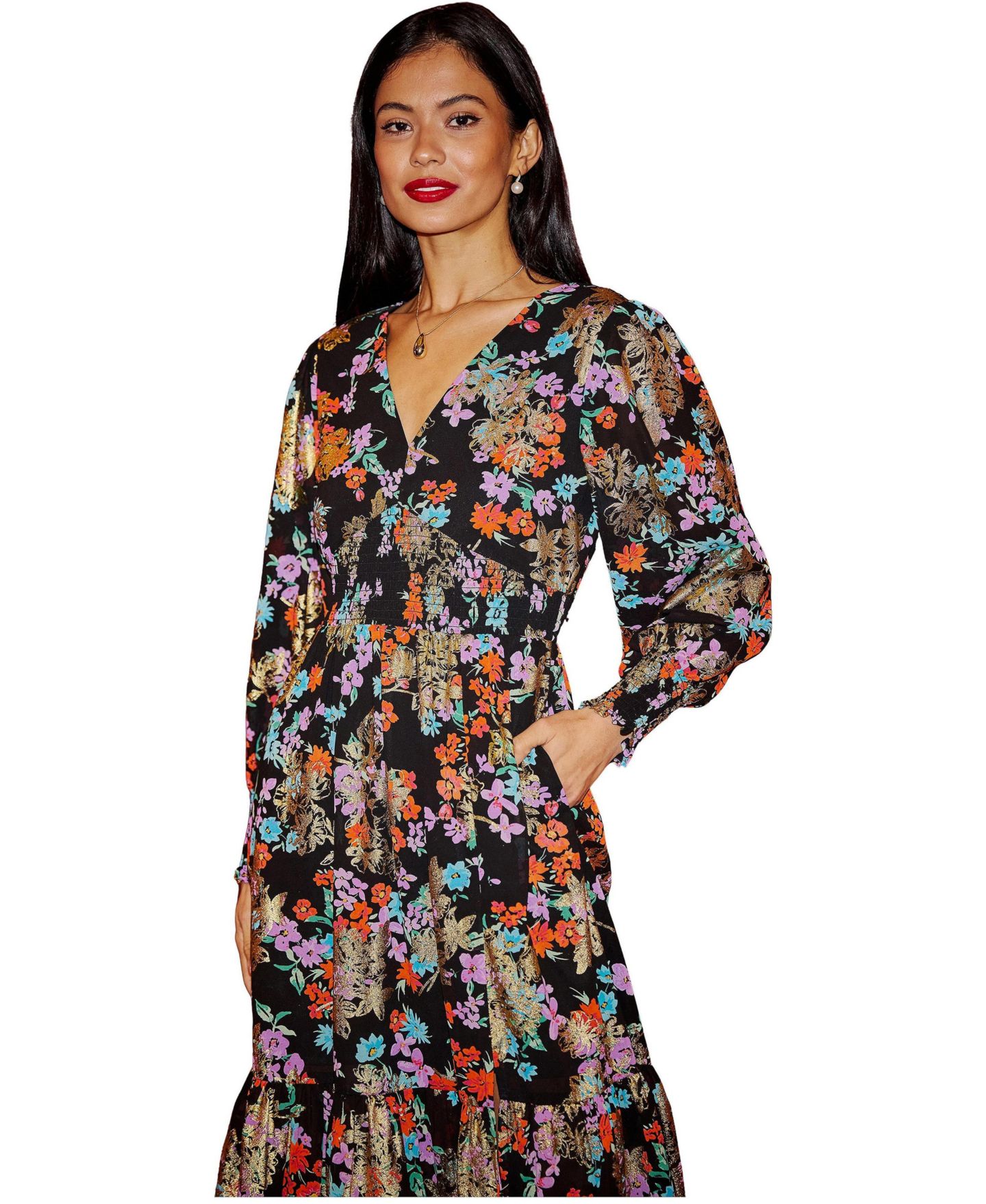 Женское платье Yumi Floral And Foil Ruched Midi, цвет: Чёрный — фото 3