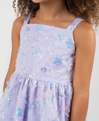 Girls 2T-6X All-Over Sequin and 3D Flowers Dress