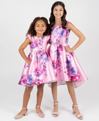 Girls' 2T-6X Printed Mikado Hi-Low Pleated Dress