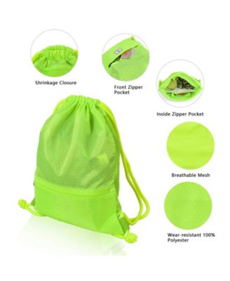 Drawstring Backpack String Bag Foldable Sports Sack with Zipper Pocket-Green