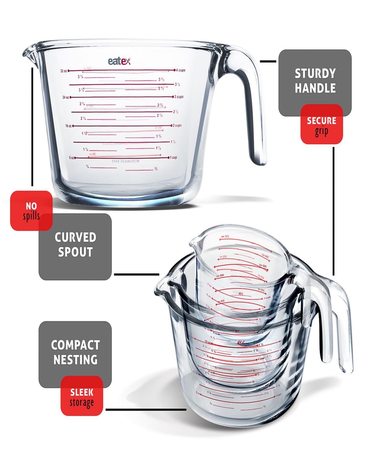 Nestl Borosilicate 3-Pc. Liquid Measuring Cup Set