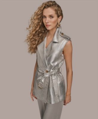 Women's Notch Lapel Collar Metallic Belted Vest