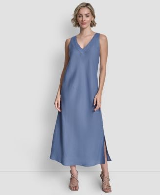 Women's Linen Panelled V-Neck Midi Dress