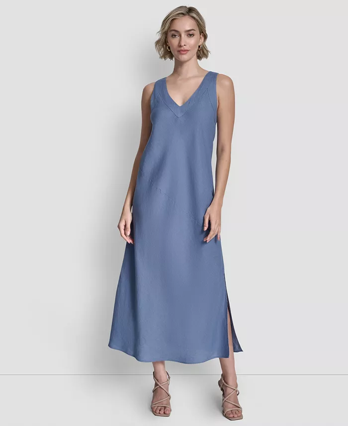 Women's Linen Panelled V-Neck Midi Dress - thumbnail 6