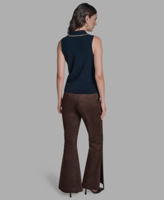 Women's Cotton Tipped Collared Sleeveless Knit Top