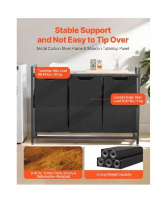 Laundry Sorter Cart with 3 Bags, Metal Frame, and Wood Top