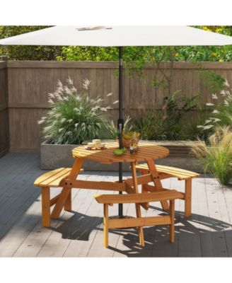 Round Picnic Table Set for 6 with Umbrella Hole