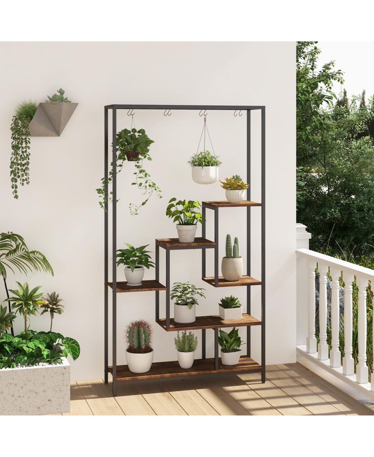 Sugift 6-Tier Tall Plant Stand 71 Inch Metal Indoor Plant Shelf with 10 Hanging Hooks