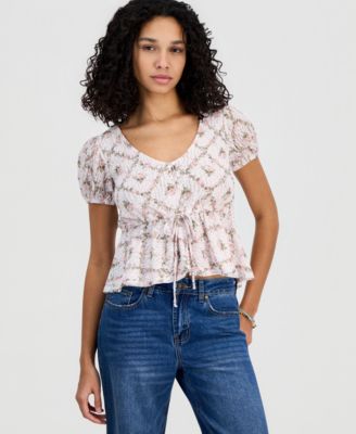 Juniors' Printed Lace Short-Sleeve Babydoll Top