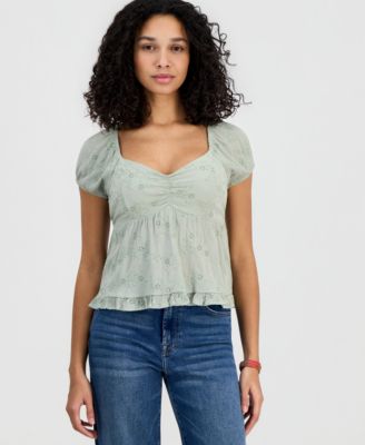 Juniors' Short-Sleeve Embroidered Sweetheart-Neck Babydoll Top