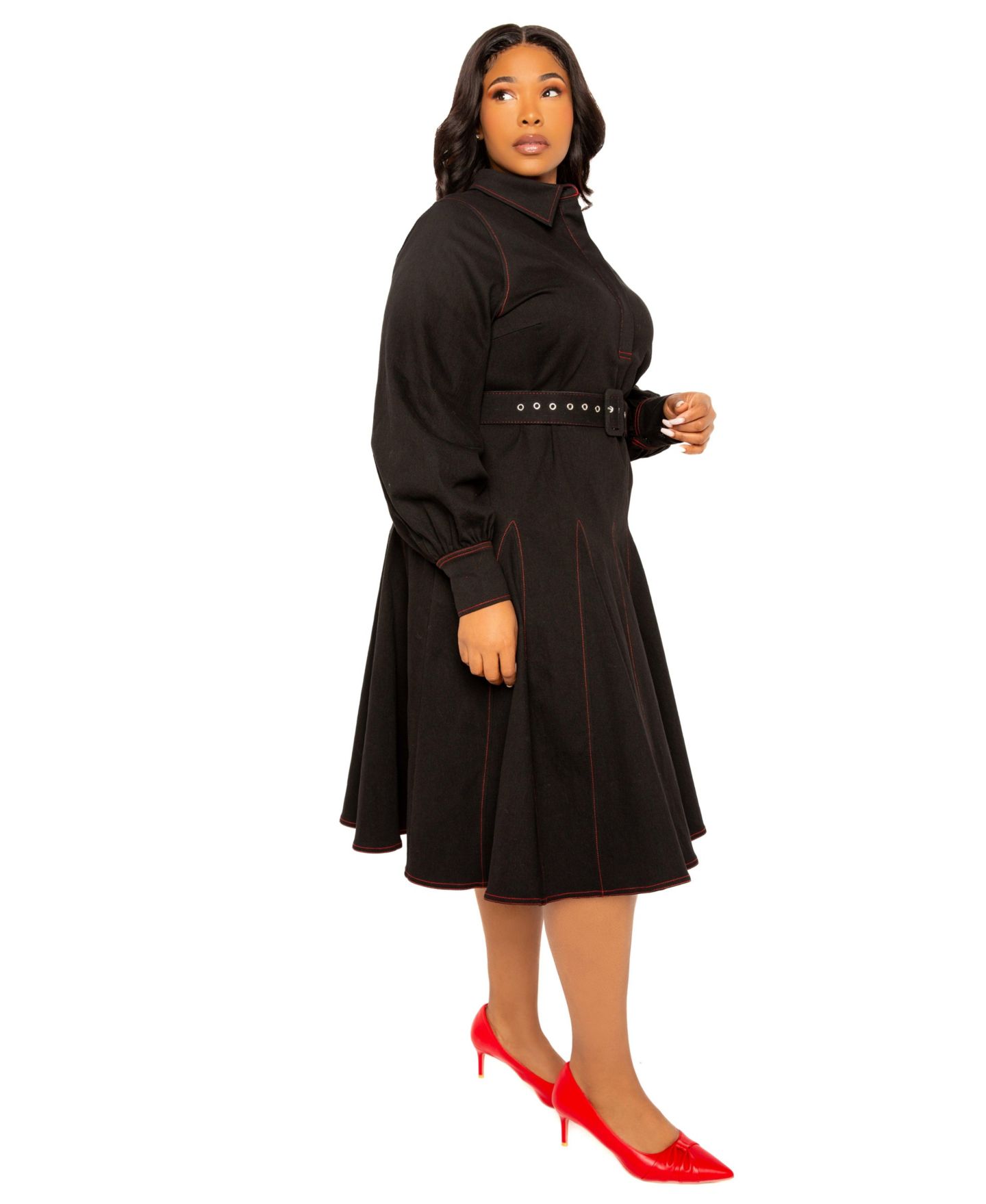 Женское платье Buxom Couture Plus Size Denim Belt Shirt Dress, цвет: Джинсовый чёрный — фото 2