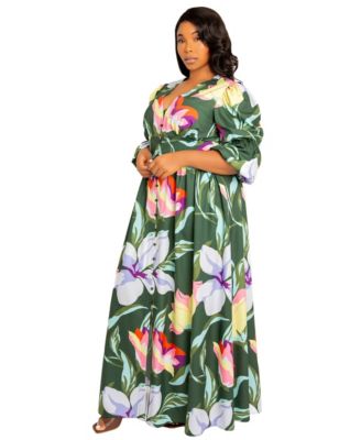 Plus Size Floral Puff Sleeve Maxi Dress