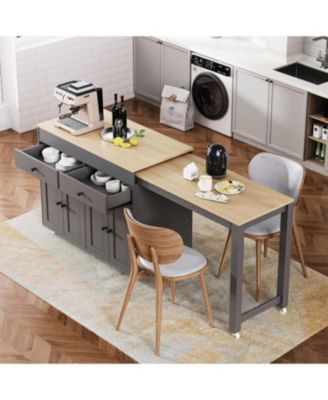 K&K 74.5" Kitchen Island with Extendable Table Spice Rack Drawers & Cabinet