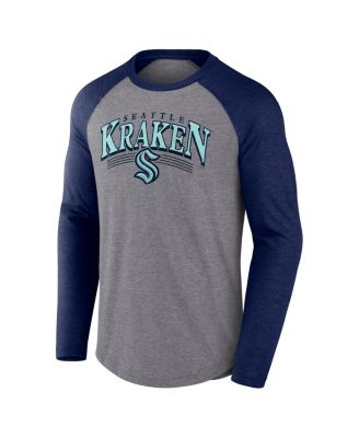 Men's Heather Gray/Heather Deep Sea Blue Seattle Kraken Goal Crease Raglan Tri-Blend Long Sleeve T-Shirt