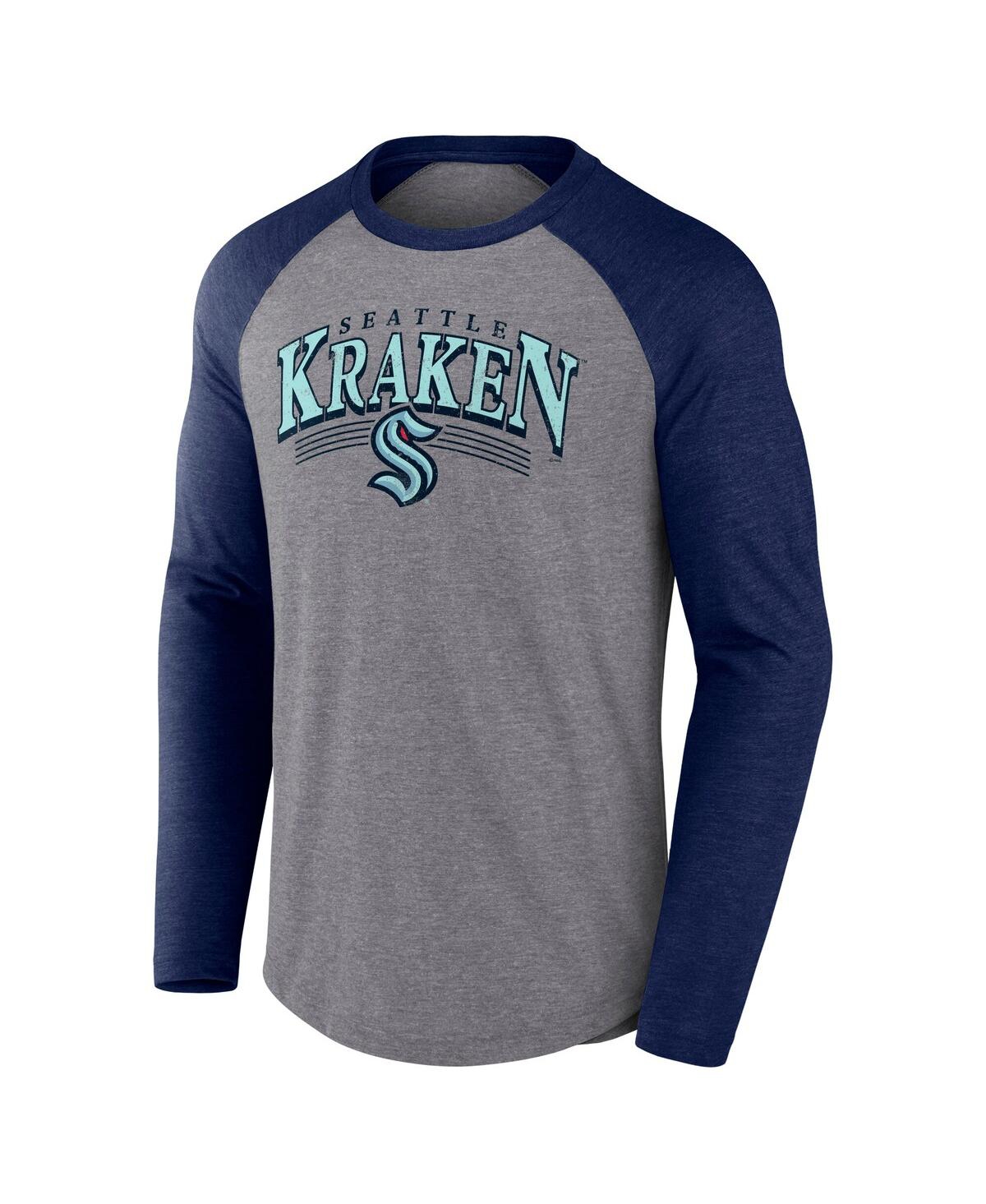 Fanatics Men's Heather Gray/Heather Deep Sea Blue Seattle Kraken Goal Crease Raglan Tri-Blend Long Sleeve T-Shirt