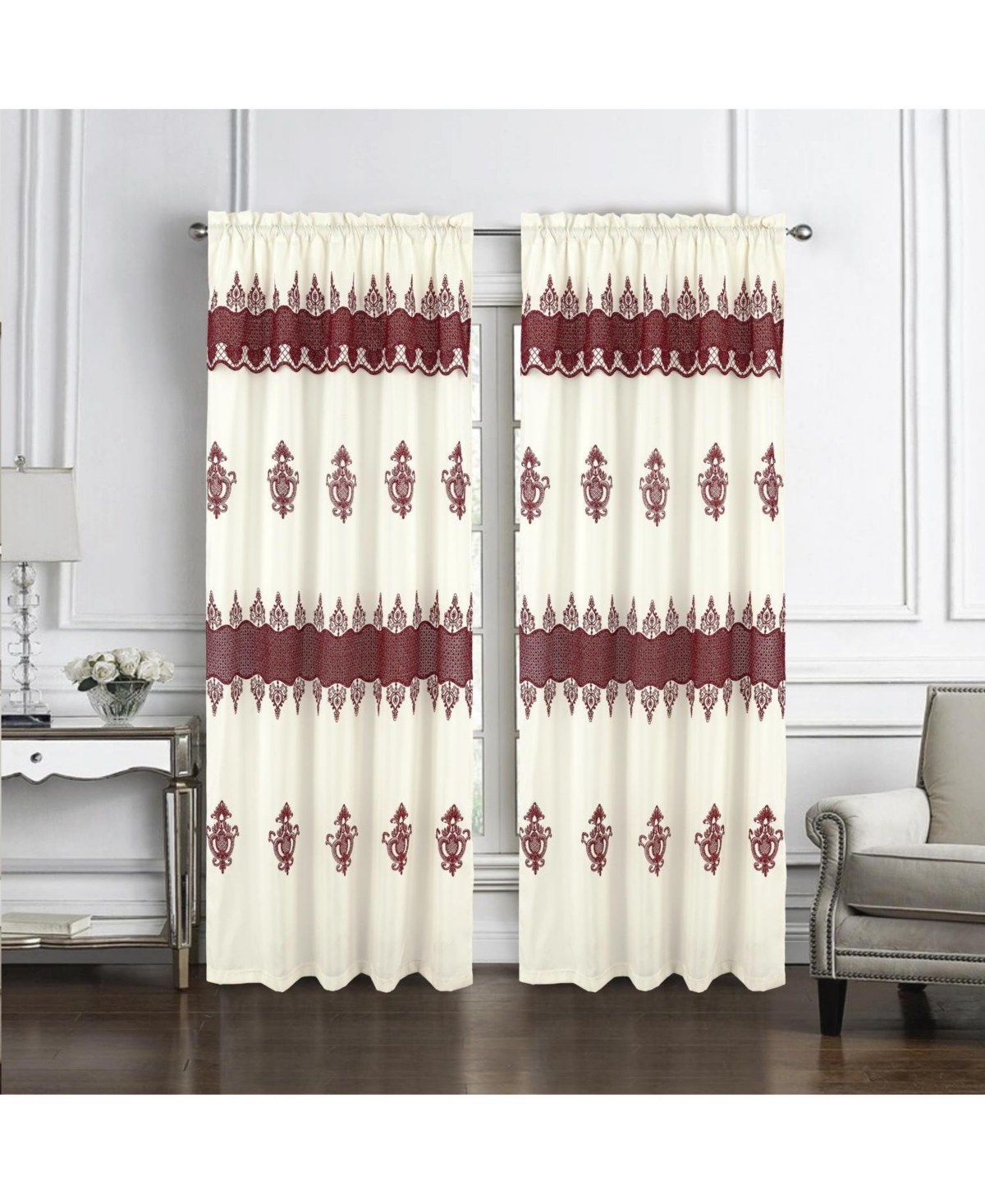 Rt Designers Collection Debbie Macrame Construction 3" Rod Pocket Curtain Panel 54" x 90" Beige/Burgundy