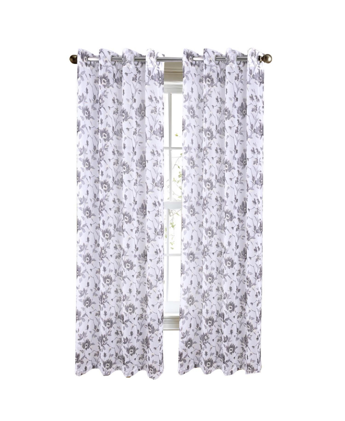 Rt Designers Collection Meadow Grommet Metallic Sheer Printed Doily Curtain Panel 54" x 84" Grey