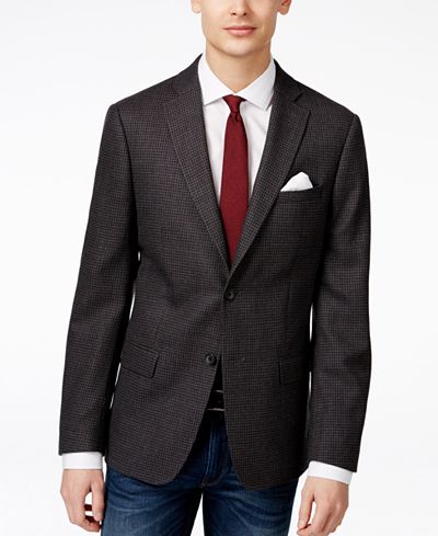 DKNY Men's Slim-Fit Gray and Burgundy Check-Pattern Sport Coat