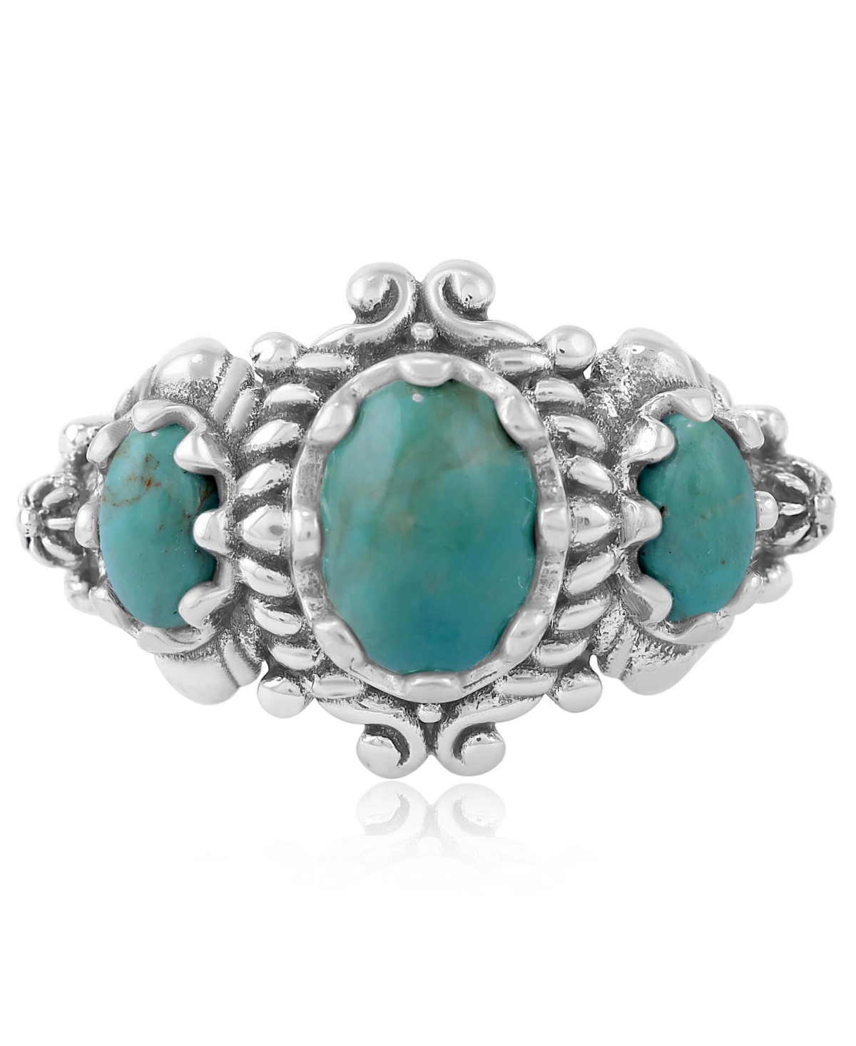 American West Jewelry Sterling Silver Green Turquoise 3-Stone Oval Scalloped Bezel Ring, Sizes 5 to 11