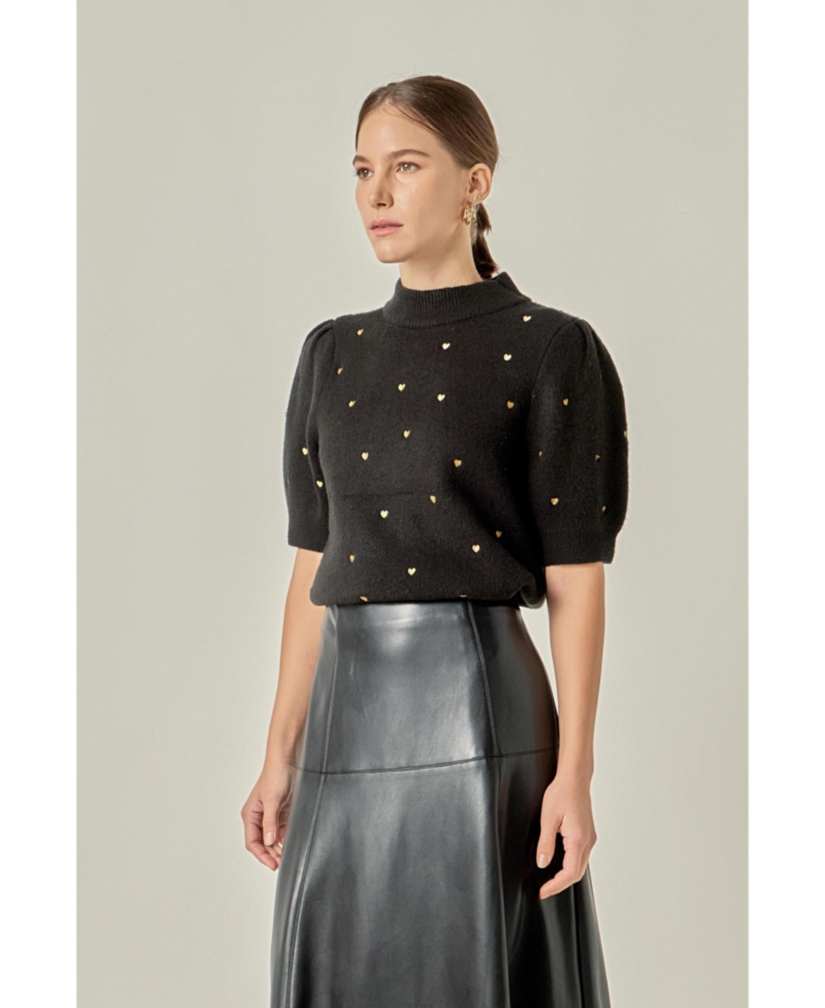 English Factory Women's Heart Women's-Embroidered Puff Sleeve Knit