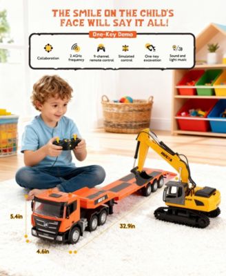 RC Semi Truck & Excavator Toy Set, 1:24 Remote Control Construction Vehicles with Lights & Sound
