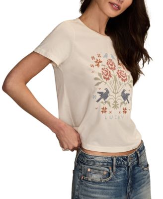 Women's Cross Stitch Floral Crewneck T-Shirt