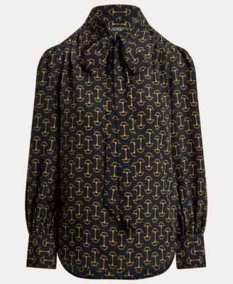 Women's Geo-Print Crepe Tie-Neck Blouse