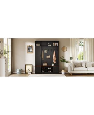 Versatile 3-in-1 Hall Tree with 6 Hooks Walnut Storage Bench 55" Entryway Coat Rack