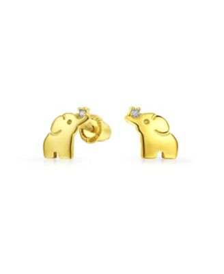 Set of 2 Tiny Minimalist CZ Accent Lucky Elephant & Round Solitaire CZ Yellow 14K Gold Stud Earrings Screw back