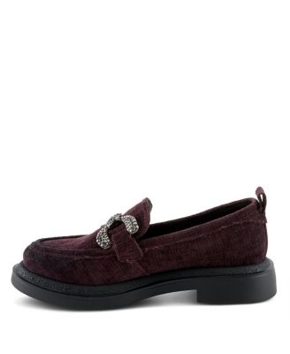 Marlen Women's Velvet Textile Upper Slip-On Loafer On Chunky Lug Sole Bottom With Crystal Buckle