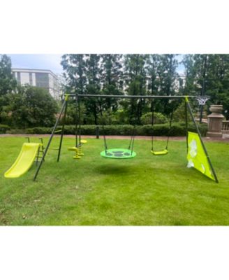Boys Saucer Swingset with Mini Slide for Outdoor Play