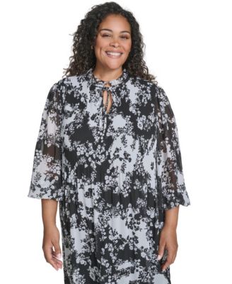 Plus Size Tie Split Neck Pleated Bodice Dress