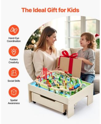 3-in-1 Wooden Train Activity Table with 100 PCS and Rolling Drawer