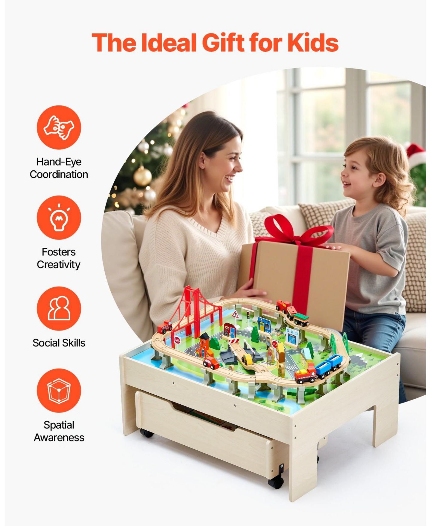 Детские игрушки Mecale 3-in-1 100-Piece Reversible Wooden Train Activity Table, цвет: Натуральный — фото 6