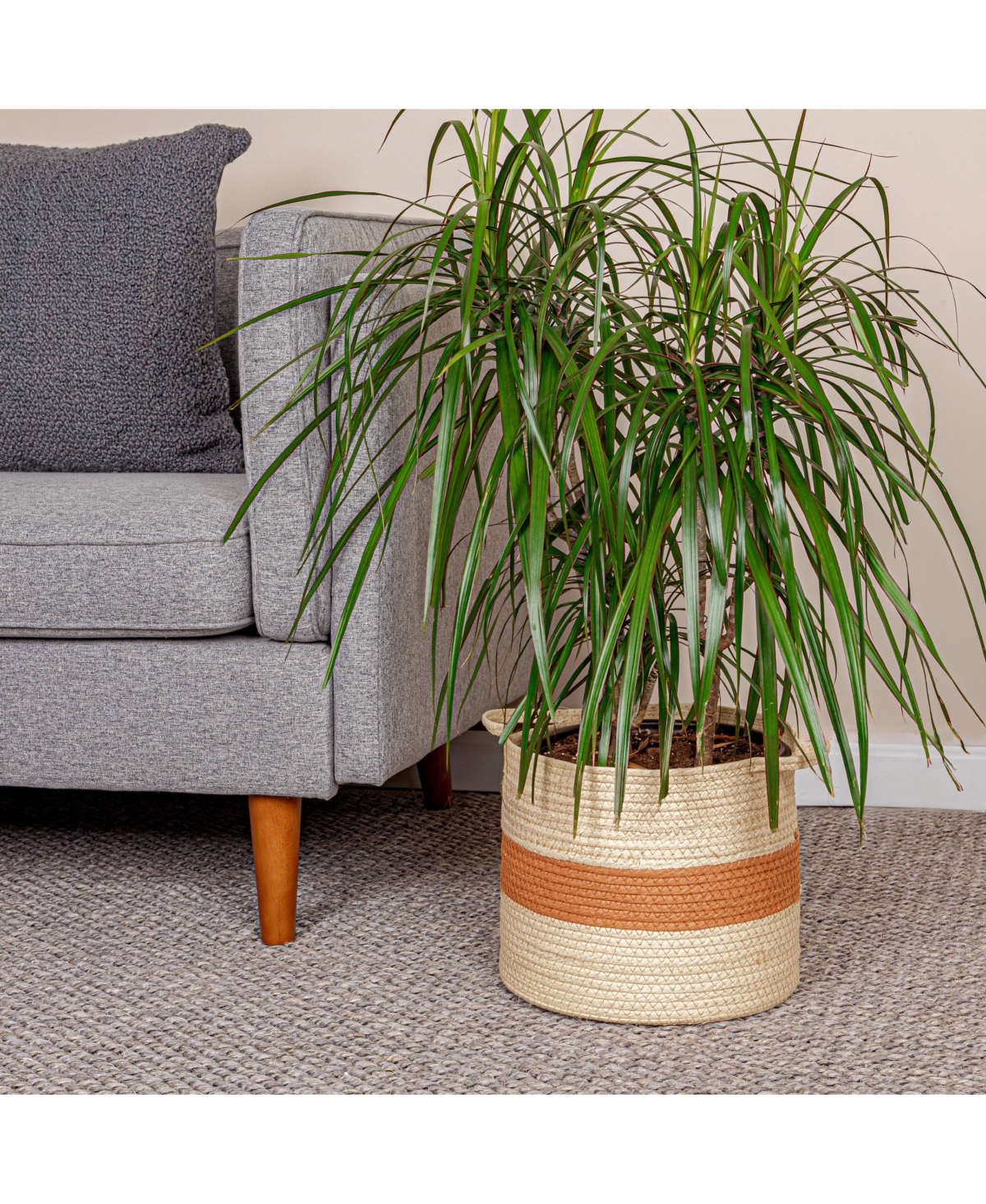 Household Essentials Round Handwoven Paper Rope Basket with Terracotta Stripe and Handles, Natural