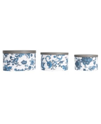 Floral Nestable Hat Boxes with Lids, Cream and Blue, Set of 3