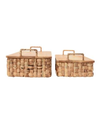 Stackable Hyacinth Baskets with Oak Lids, Set of 2