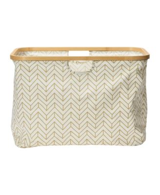 Bamboo Rimmed Krush Container Basket with Cut Out Handles, Tan Chevron