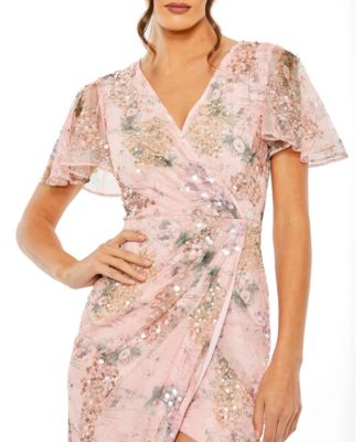 Women's Printed Mesh Flutter Sleeve Faux Wrap Midi Dress